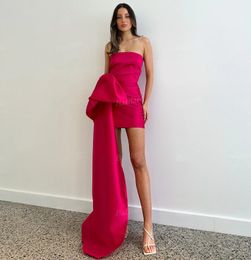 Hot Pink Donna Mini Prom Abiti da festa Sopra il ginocchio Senza spalline Piega Abiti da sera convenzionali Spettacolo Robe De Soiree Vestido Largo