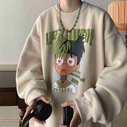 Men's Jackets American Cartoon Hip Hop Sweater Men's Autumn/Winter Round Neck Coat Autumn/Winter Plus Fleece Thickened Hatless Top L240129