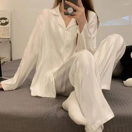 Women's Sleepwear Women Elegant Loungewear Striped Silky Ice Silk Pyjama Set For Long Sleeve Homewear Shirt Wide Leg Pants Spring