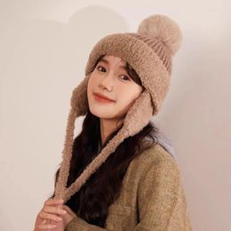 Berets Winter Thickened Plush Ear Protection Cute Straps Bomber Hats For Women Outdoor Cycling Cold Proof And Warm Pullover Men's Caps