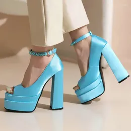 Sandals Chic Silk Like Satin Sexy Dress Pumps Summer Women Shoes Peep Toe Green Sky Blue Block High Heels Platform Fashion