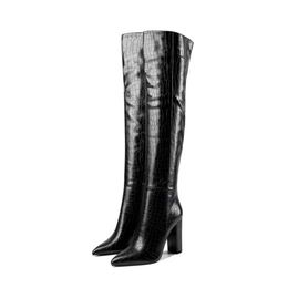 Boots Crocodile Pattern Solid Color Pointed Toe Thick Heels Thigh High Boots Super High Heels Side Zipper Outdoor Women Slip-on BootsL2401