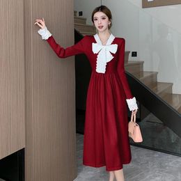 Casual Dresses 2024 French Christmas Winter Knitted Sweater Dress Elegant Women Lace Up Bow V Neck Patchwork High Waist Long Vestidos