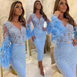 Sky Blue Arabic Aso Ebi Evening Dresses Wear for Women V Neck Long Sleeves Feather Lace Tea Length Formal Prom Dress Party Gowns237z