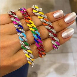 Bracelets 2022 Summer High Quality Hip Hop Colourful Glaze Drop Cuban Chain Rainbow Charm Bracelet For Women Girls Colourful Wedding Gift