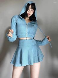 Work Dresses Korean Spicy Girls Hooded Hoodies Skirt Two-piece Set Women Fashion Solid Zipper Drawstring Elastic Sweet Slim Autumn Lady Suit