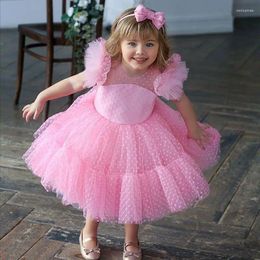 Girl Dresses Pink Flower For Wedding Short Tulle Puffy Sleeves Knee Length Kids Princess Birthday Formal Ball Gowns Party Dress