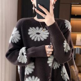 Women's Sweaters Autumn And Winter Round Neck Heavy Embroidery Pure Wool Sweater Contrast Top Jacquard Versatile Knitting Jacket