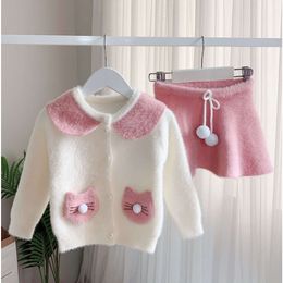 "Adorable Baby Girls Princess Cashmere Sweater Set with Cute Rabbit Ears Cardigan and Skirts - Stylish Two-piece Suit for Kids Clothing in Spring"