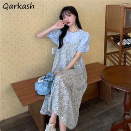Casual Dresses Sleeveless Dress Women Korean Style Floral Shirring Summer Holiday Sweet Preppy Elegant Simple Female Breathable Ins