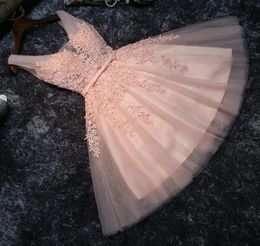 2024 Elegant Pearl Pink Short Prom Party Dress V Neck Appliques Beading Lace Up Graduation Gowns Homecoming Gala Dresses Birthday Wear Robe De Soiree