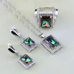 Necklace Natural Square Mystic Rainbow Fire White Zircon 925 Silver Jewelry Sets for Women Wedding Necklace/Earrings/Pendant/Ring