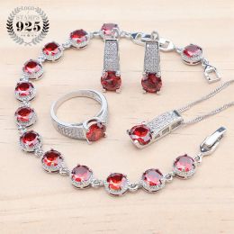 Sets Sier Red Zircon Jewellery Sets Bridal Round Rings Earrings Bracelets Wedding Necklace Set Pendant for Women