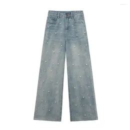 Women's Pants Women Fashion Beading Jeans High Waist Straight Wide Leg Denim Female Casual Versatile Commute Faux Pearl Trousers