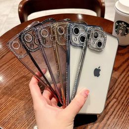 Luxury Border Inlaid with Diamonds Electroplated Phone Cases For iPhone 15 14 13 12 11 Pro Max Transparent Mobile Back Shell 15Pro 15ProMax 14Pro 14ProMax Cover Case