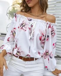 Women's Blouses Fashion Floral Print Off Shoulder Frill Hem Top Casual Chic Lantern Sleeve Tied Detail Daily Summer T-Shirt