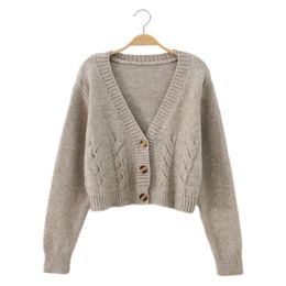 V Neck Cropped Cardigan Women Long Sleeve Twist Knitted Sweater Coats Autumn Winter Keep Warm Korean Fashion Jacket Cardigan