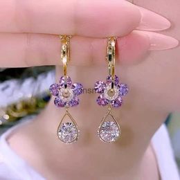 Stud New Purple Crystal Flower Dangle Earrings For Women Girls Shining Zircon Love Heart Waterdrop Earring Wedding Luxury Jewelry YQ240129