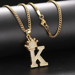 Pendant Necklaces Initial Letter Necklace For Women Punk Hip Hop Gold Color Stainless Steel Cuban Link Chain Name Crown CZ Jewelry