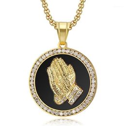 Hip Hop Iced Out Praying Hand Pendant With Mens Chain Gold Color Stainless Steel CZ Charm Round Necklace Jewelry Male Gift13357