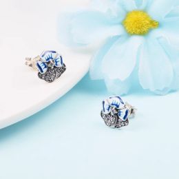 Earrings Blue Pansy Flower Stud Earrings Birthday 100% Real 925 Sterling Silver Free Shipping Wholesale Small Earrings for Women