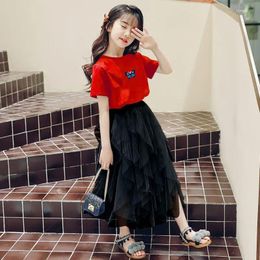 Clothing Sets 8 10 12 Years Old Girls Mesh Skirts Clothes Set Summer Casual Elegant Teen Big Outfit T-shirt Skirt Princess Kid