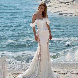 Sexy Beach Mermaid Wedding Dresses Off Shoulder Lace with Sequin Bridal Dress 2024 Pleat Sweep Train Boho Trumpet robe de mariee