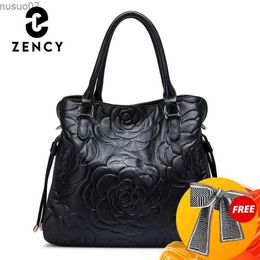 Evening Bags Zency Lady Cowhide Tote Bag And Purse Luxury Designer Handbag For Women 2024 New In Genuine Leather Embossed Rose Decorate Sling