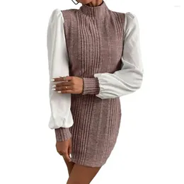 Casual Dresses Sheath Dress Women Spring Women's High Collar Patchwork Slim Fit Ribbed Long Sleeve With Contrast For Commute