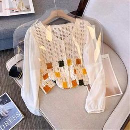 Women's T Shirts Women-Blouse Loose Casual Button Top Long Sleeve Hollow-Knitwear Crochet-Button Down Summer-Beach Sheer Crop