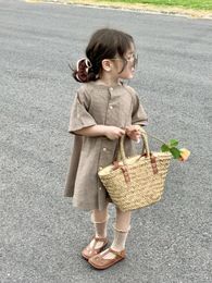 Girl Dresses Dress 2024 A-line Knee Length O-neck Collar Button Cotton Solid Soft Simple Old-fashioned Casual Comfortable Clean Summer Kids