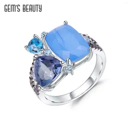 Cluster Rings GEM'S BEAUTY Natural Mixed Gemstones Ring 925 Sterling Silver Aqua-blue Calcedony Cocktail Handmade Fine Jewellery For Women