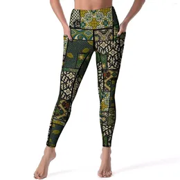 Active Pants Vintage Patchwork Print Leggings Green Brown Graphic Yoga Push Up Fitness Running Legging Retro Stretchy Sport