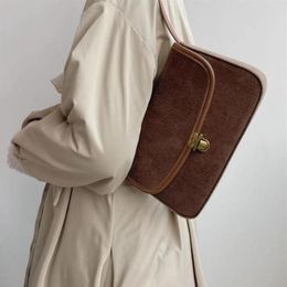 Cross Body Fashion Design Ladies Brown Small Shoulder Bags Elegant Women Purse Handbags Vintage Lock Corduroy Female Underarm Bag 264n