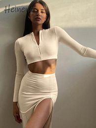 Work Dresses Heinene Knitted V-neck 2 Pieces Set Womens Autumn Long Sleeve Crop Tops With Split Skirt Matching Solid Fashion Outfit Sets