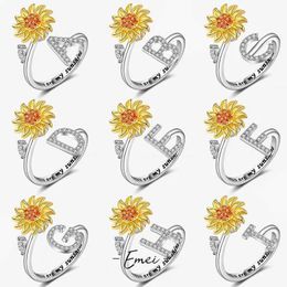 Band Rings Sunflower Initial Letter Rotating Rings For Women Stainless Steel Anti Anxiety Spinner Adjustable Ring Birthday Jewelry Gift Bff 240125