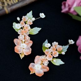 Hair Clips Orange Flower Glazed Vintage Hairpin Accessories Hanfu Headdress Pearl Barrettes Antique Wedding Jewelry