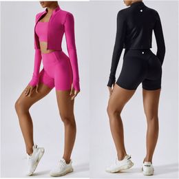LL Womens Yoga Outfits Three Pieces Vest+Shorts+Jackets Suit Exercise Close-Fitting Fitness Wear Running Elastic Adult Shirt Workout Sportswear Elastic