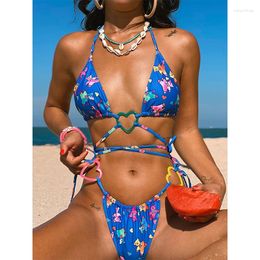 Women's Swimwear BIQIUYYI Brazilian Triangle Micro Bikini Set String Backless Swimsuit Women Beach Wear Sexy Print Bathing Suit Biquini