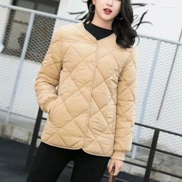 Women's Trench Coats Autumn Winter Short Parkas Women Clothing Loose Fit Argyle Padded Jacket Casual Basic V-Neck Long Sleeve Cotton Coat