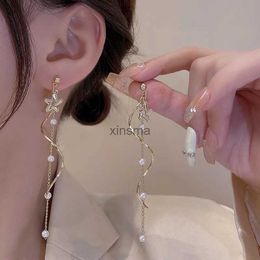 Stud Exquisite Crystal Star Wavy Long Tassel Drop Earrings for Women Fashion Korean Imitation Pearl Chain Dangle Earring Jewellery Gift YQ240129