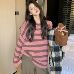 Women's Sweaters Sweet Pink Black Striped Knitted Sweater Long Sleeve Round Neck Oversized Streetwear 2024 Spring Autumn Loose Warm Pullover