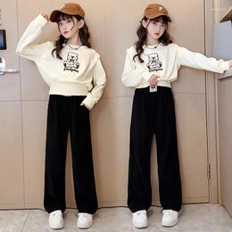 Clothing Sets 2024 Autumn Teens Clothes Children Set Bear Print Batwing Crop Top Sweatshirt T Shirt Straight Pant Suit Korea Tracksuit