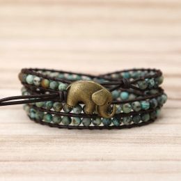 Bangle Vintage Elephant button Leather Bracelets natural Stone African turquoises 3 Strands handmade Wrap Bracelets for men and Women