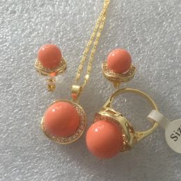 Rings wholesale noble Jewellery set 18KGP+1214mm orange shell pearl,ring, pendant stud earring jade