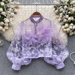 Women's Blouses Chic Elegant Mesh Three-dimensional Floral Puff Long Sleeve Loose Top Vintage Korean Fairy Crop Autumn Women Clothing