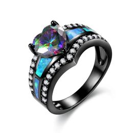 Black Plated Rainbow Blue Green Purple Stone Blue Opal Heart Rings For Women Fashion Jewellery Cocktail Ring Gift2332