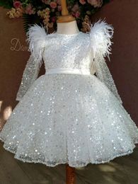 Sequined White First Communion Dresses For Girls 2024 Brand Tulle Lace Infant Toddler Pageant Long Sleeve Flower Girl Dress Weddings And Birthday 403