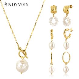 Necklaces ANDYWEN 925 Sterling Silver Gold Irregular Pearl Drop Earring Percing Horoscope Chain Big Pearl Pendant Necklace Jewelry Set