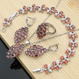 Alloy Natural Red Garnet Beads 925 Sterling Silver Jewellery Set for Women Wedding Bohemian Earring Birthstone Necklace Set Dropshipping